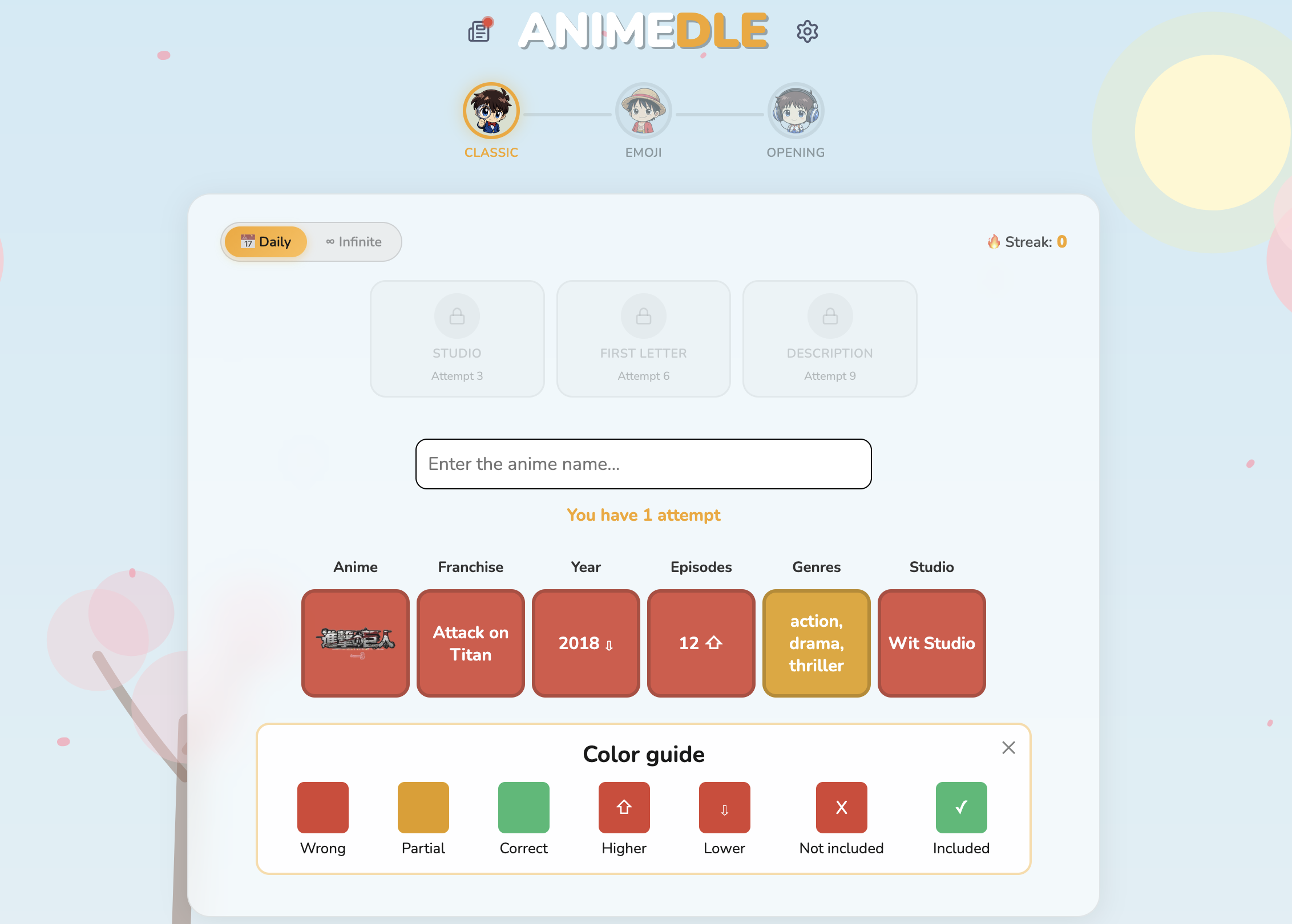 Screenshot of Animedle