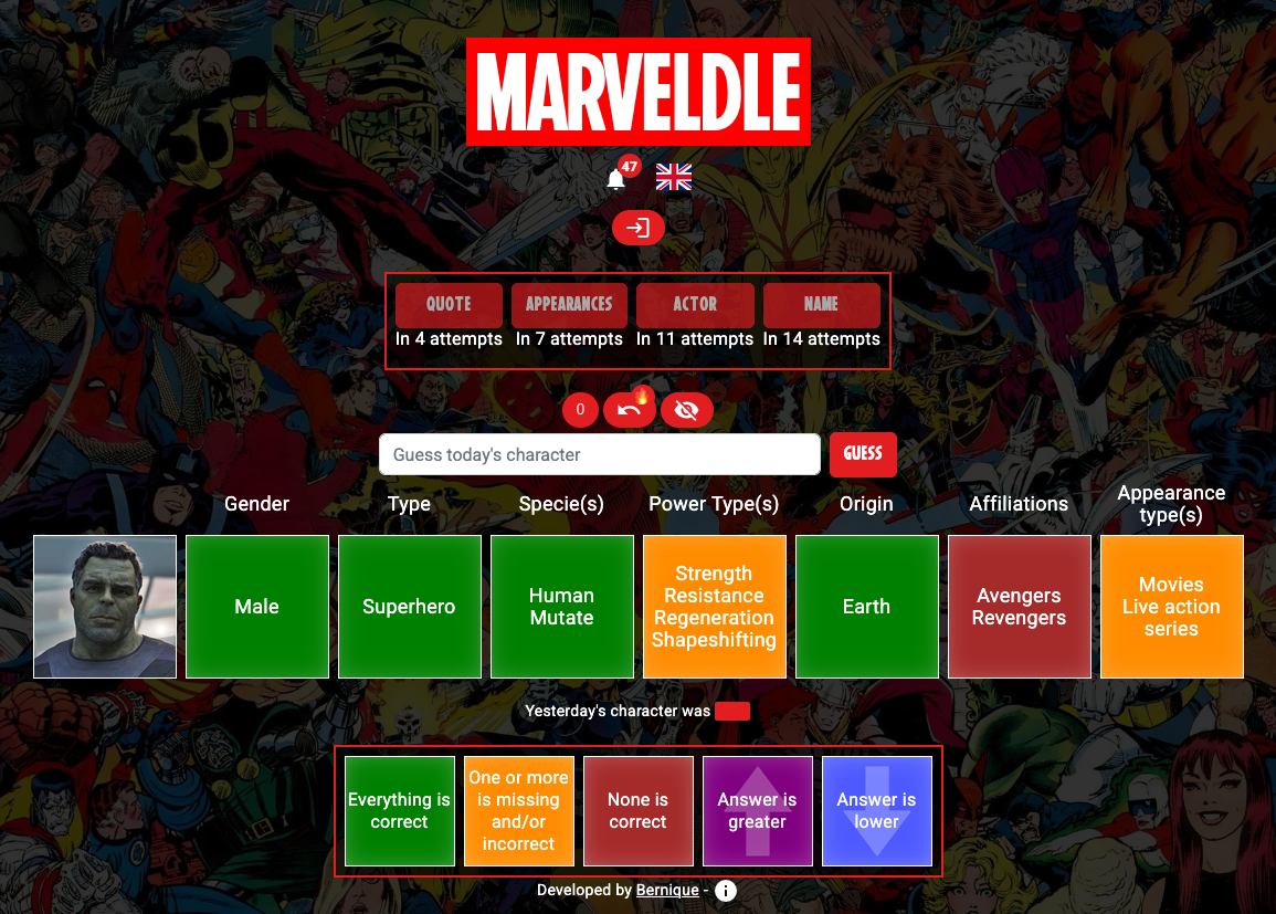 Screenshot of Marveldle