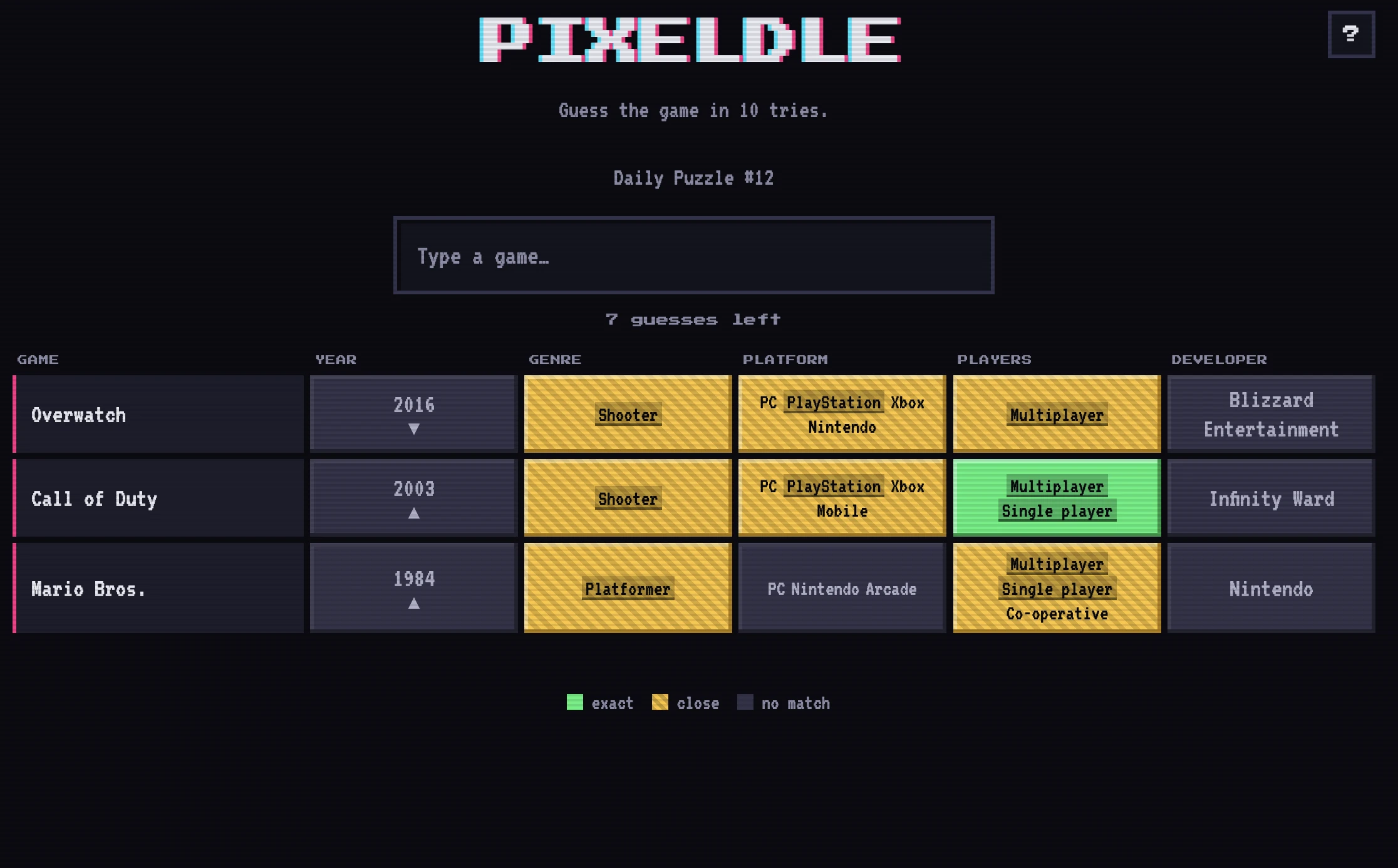 Screenshot of Pixeldle