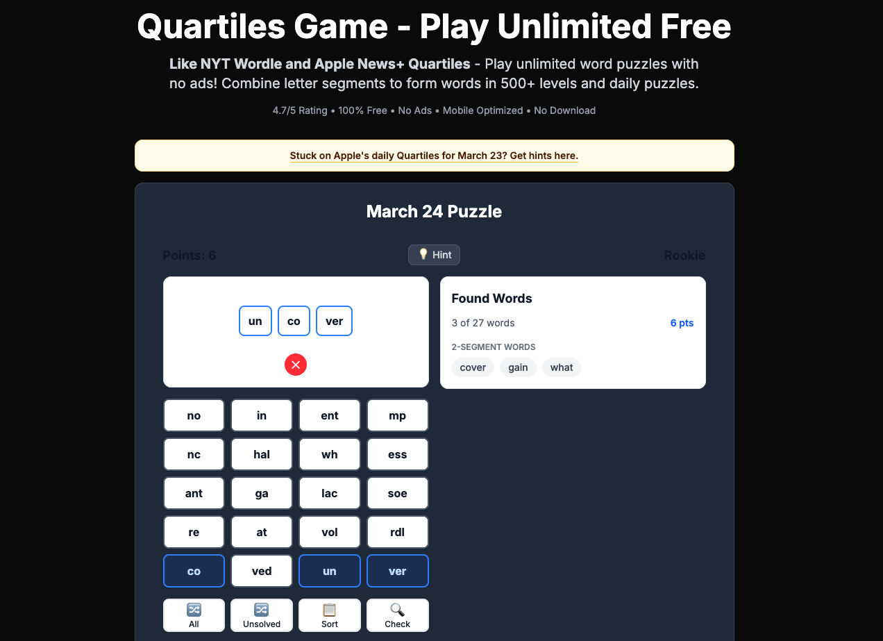 Screenshot of Quartiles Word