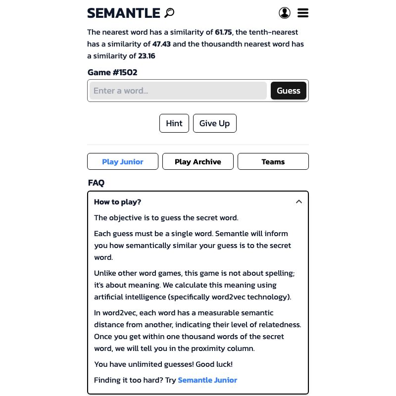 Screenshot of Semantle