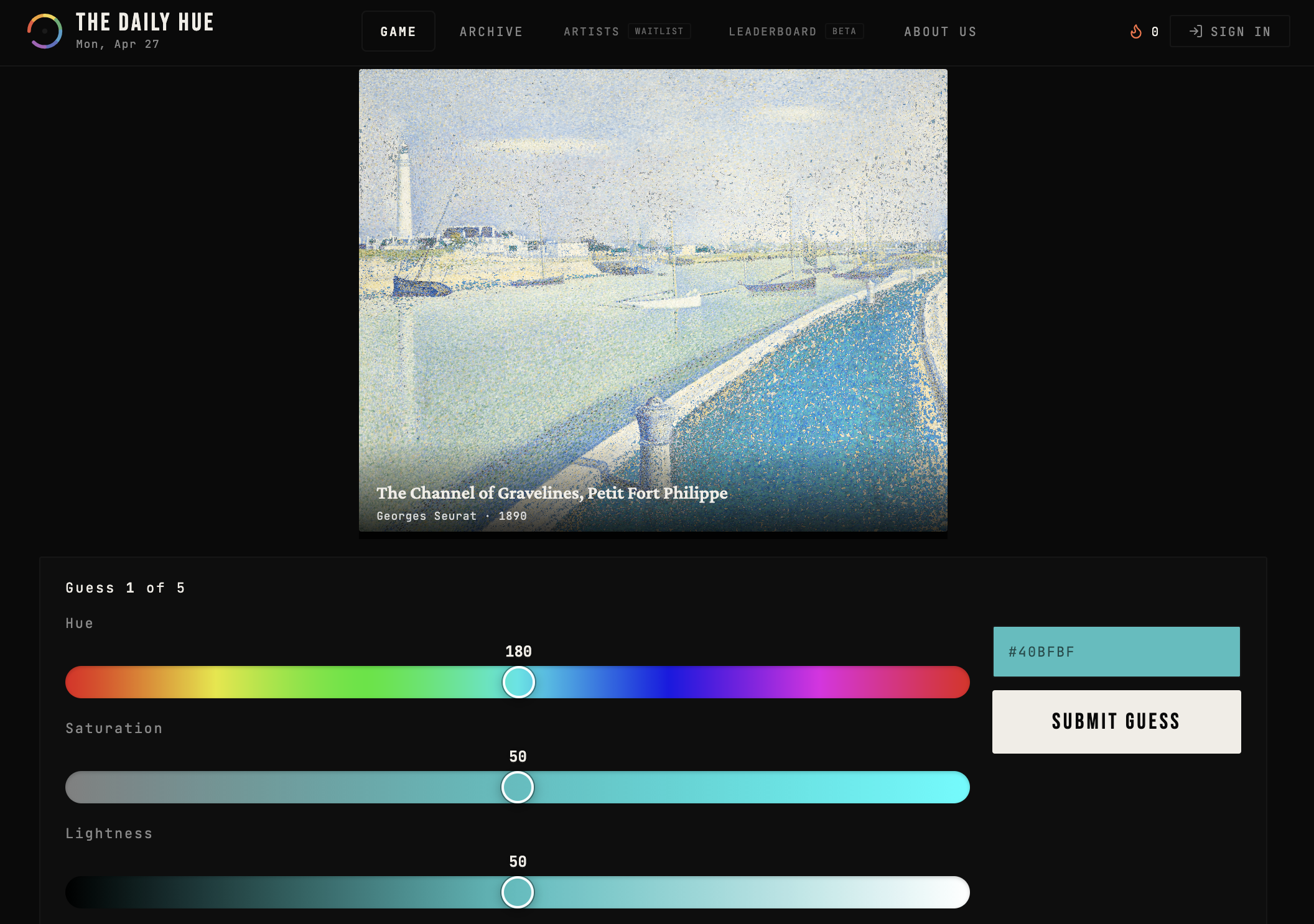 Screenshot of The Daily Hue